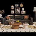 Stylish Black Leather Sofa With Coffee Table Set Wall Art Geometric Rug And Accent Chairs