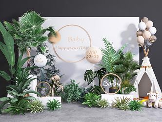 Modern Meichen Green Plant Pile Window Photo Area Background Wall Balloon Stage Background Floral Furnishings Ornaments Flowers 3d model