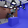 Professional Studio Setup With Cameras Lighting Control Panel Blue Background And Wooden Wall 3d model