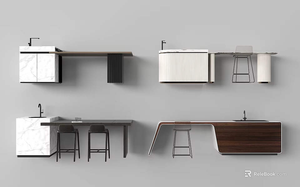 Modern Bar Counter Designs Featuring Wall Mounted And Freestanding Styles With Wood Countertops And Stools 3d model 