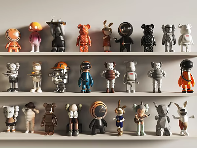 Assorted Decorative Toy Figures Arranged On Multi Level Shelves With Unique Designs 3d model