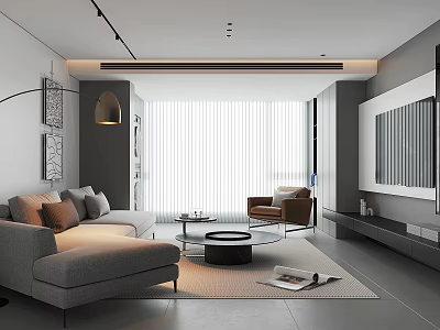 Modern Living Room Interior Design With Gray L shaped Sofa Round Coffee Table And Floor Lamp 3d model