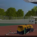 Tennis Court Scene With Green Trees Umbrella Tennis Bag Racket Ball And Chair