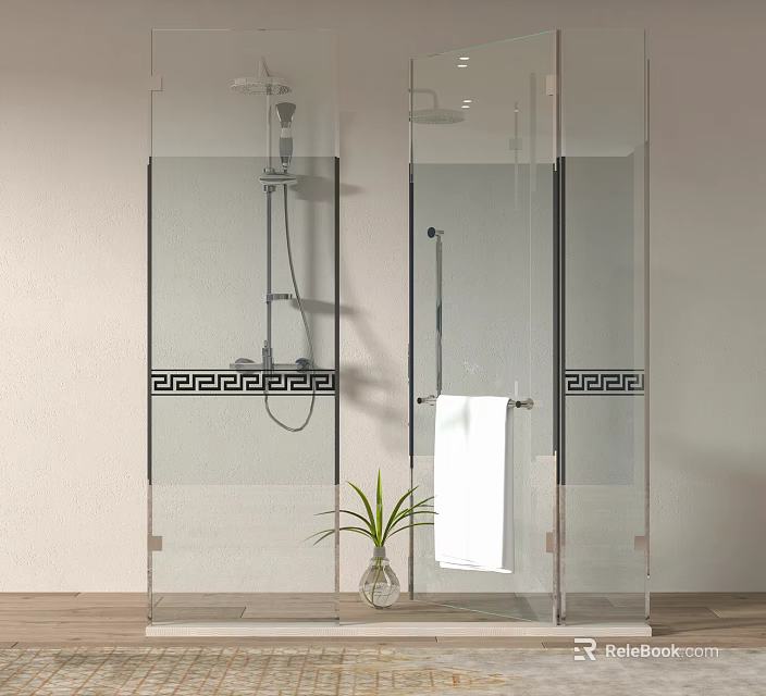Modern Shower Sauna Interior Design With Glass Enclosure Showerhead Hanging Towel And Potted Plant 3d model 