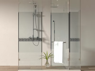 Modern Shower Sauna Interior Design With Glass Enclosure Showerhead Hanging Towel And Potted Plant 3d model