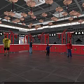 Traditional Chinese Restaurant Interior With Red Counters And Hanging Lantern Decorations