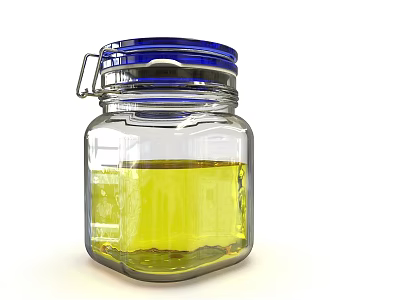 Transparent Glass Condiment Bottle with Blue Lid and Yellow Olive Oil for Kitchen Storage 3d model