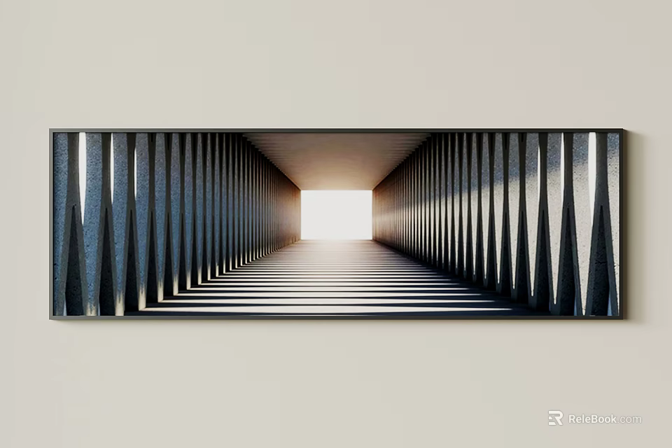 Long Format Landscape Painting With Dark Pointed Structures And Light At The End Tunnel Perspective 3d model 