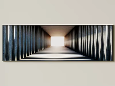 Long Format Landscape Painting With Dark Pointed Structures And Light At The End Tunnel Perspective 3d model