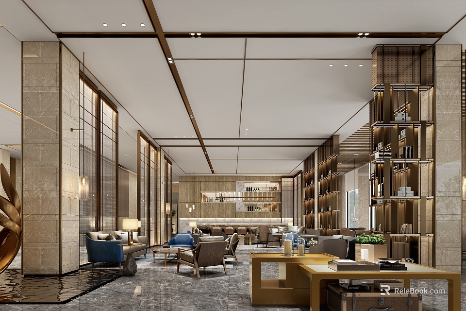 Modern Hotel Public Lounge With Comfortable Sofas Bookshelves Marble Walls And Lighting 3d model 
