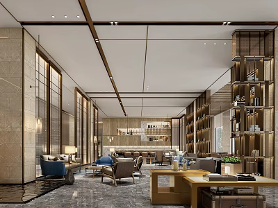 Modern Hotel Public Lounge With Comfortable Sofas Bookshelves Marble Walls And Lighting 3d model