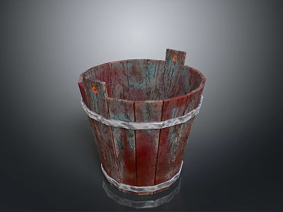 Rustic Wooden Bucket With Metal Hoops For Home Storage And Decorative Use 3d model