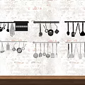 Organized Kitchen Cookware Hanging On Wall Racks With Pots Pans Spoons And Spatulas