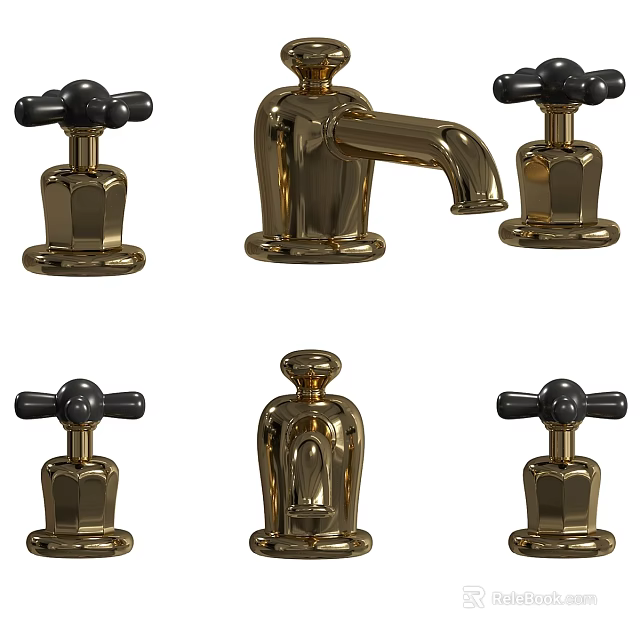 Elegant Golden Two Handle Bathroom Faucet With Black Knobs And Classic Design 3d model