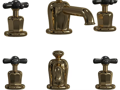 Elegant Golden Two Handle Bathroom Faucet With Black Knobs And Classic Design 3d model
