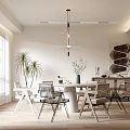 Modern Dining Room With Round White Table Transparent Chairs Pendant Light And Potted Plant