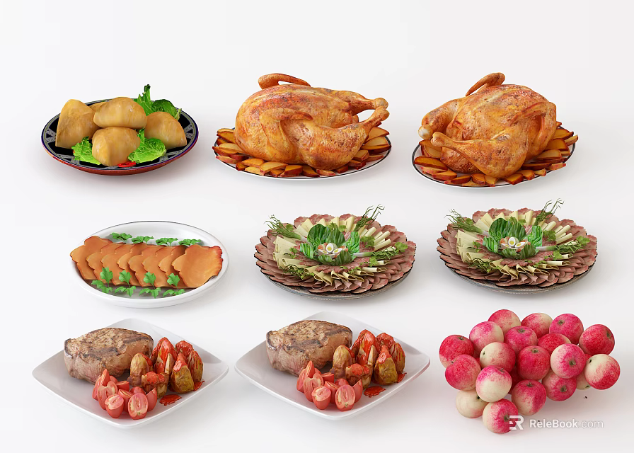 Assorted Delicious Food Plates Including Roast Chicken Fried Items Sliced Meat And Fresh Radishes 3d model 