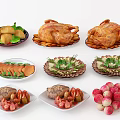 Assorted Delicious Food Plates Including Roast Chicken Fried Items Sliced Meat And Fresh Radishes