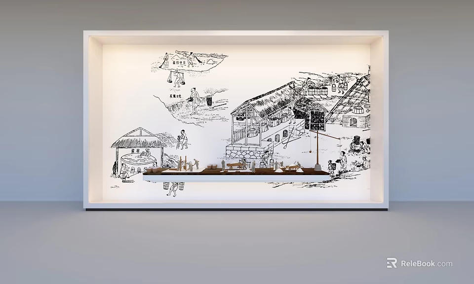 Black and White Hand Drawn Illustration in White Frame with Traditional Buildings and People Activities 3d model 
