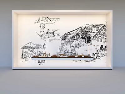 Black and White Hand Drawn Illustration in White Frame with Traditional Buildings and People Activities 3d model