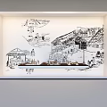 Black and White Hand Drawn Illustration in White Frame with Traditional Buildings and People Activities