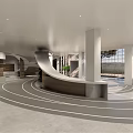 Modern Café Interior With White Columns Circular Floor Design White Bar Counter And Bicycle Mural