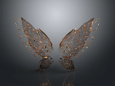 Transparent Butterfly Wings With Golden Patterns On Gray Background And Reflections 3d model