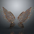 Transparent Butterfly Wings With Golden Patterns On Gray Background And Reflections
