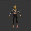 3D Female Character Model Standing Pose With Checkered Crop Top Dark Pants And Sandals