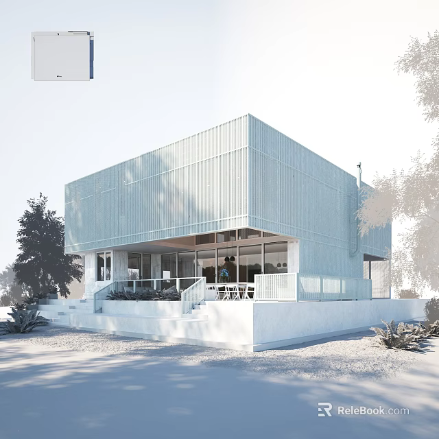 Modern Villa Balcony With Light Blue Exterior Railing And Large Windows Surrounded By Trees 3d model 