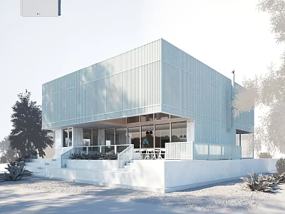 Modern Villa Balcony With Light Blue Exterior Railing And Large Windows Surrounded By Trees 3d model