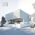 Modern Villa Balcony With Light Blue Exterior Railing And Large Windows Surrounded By Trees