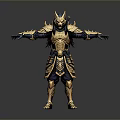 Man in Ornate Gold and Blue Armor with Mythical Beast Headpiece Arms Outstretched