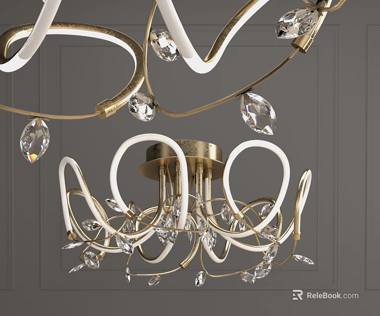 Elegant Modern Ceiling Light With Crystal Pendants And Gold White Design 3d model