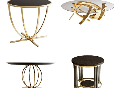 Modern Round Coffee Tables With Black Glass Top And Gold Metal Geometric Base 3d model