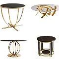 Modern Round Coffee Tables With Black Glass Top And Gold Metal Geometric Base