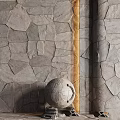 Natural Gray Stone Pavement With Irregular Slabs And Ornate Carved Sculpture
