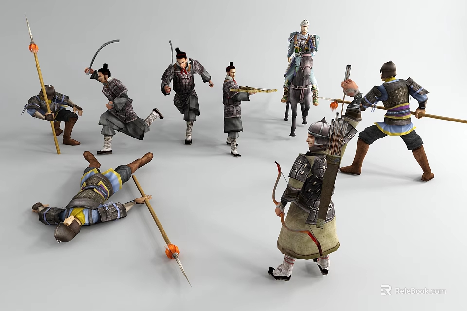 Ancient Soldier Figures in Various Action Poses with Traditional Weapons and Armor 3d model 