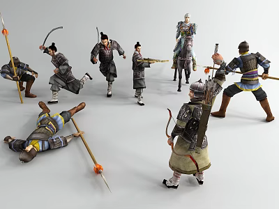 Ancient Soldier Figures in Various Action Poses with Traditional Weapons and Armor 3d model