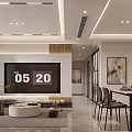 Modern Living and Dining Room Interior With Open Layout Sofa Dining Table And Feature Wall 3d model