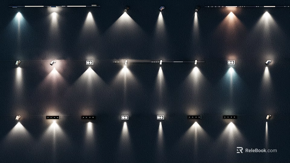 Downlights And Spotlights Arrangement On Wall With Various Illumination Effects For Indoor Ambiance 3d model 
