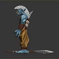 Mythical Blue Horned Creature 3D Model With Spear Brown Pants And Arm Wraps