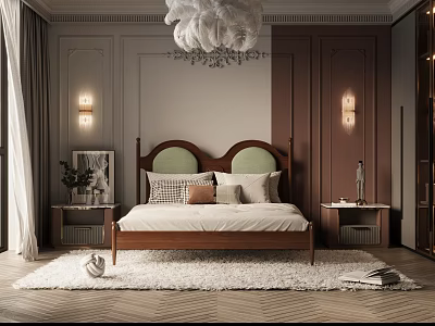 French Retro Bedroom Bedside Cabinet Carpet Wardrobe Feather Chandelier Wall Lamp Background Wall Floor 3d model
