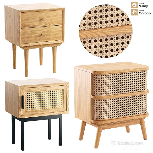 Modern Wooden Bedside Tables With Rattan Detail Drawer Storage And Black Metal Legs 3d model 
