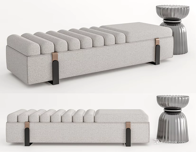 Modern Tufted Grey Upholstered Ottoman with Metal Legs and Side Stool 3d model 