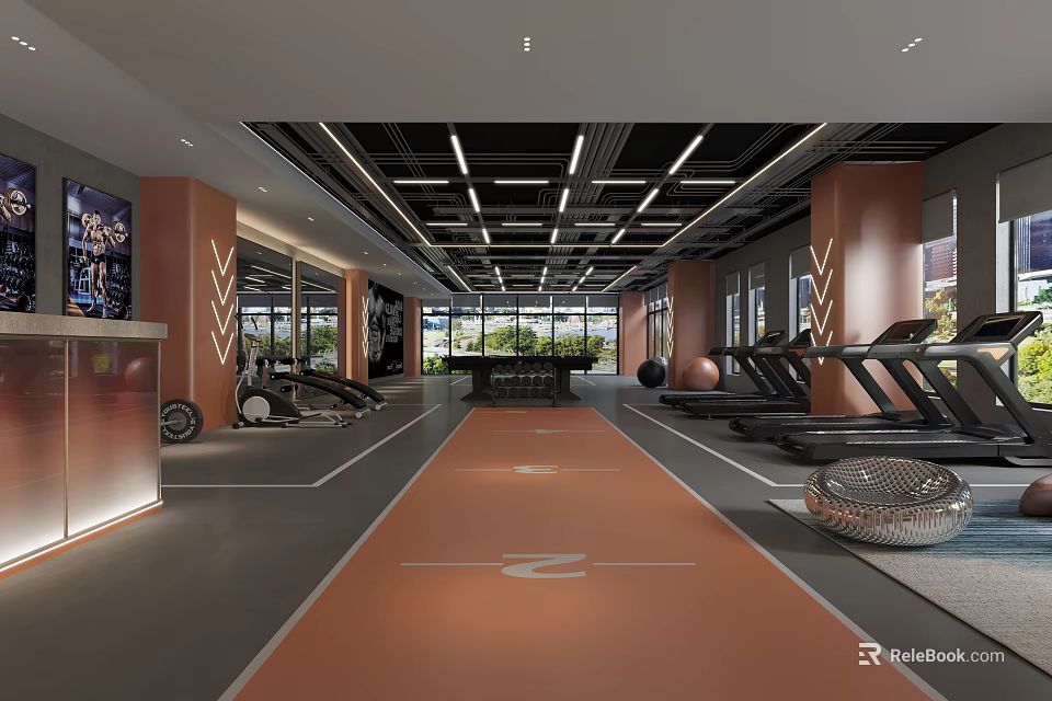 Modern Spacious Fitness Gym Interior With Treadmills Orange Track Lighting And Windows 3d model 