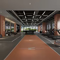Modern Spacious Fitness Gym Interior With Treadmills Orange Track Lighting And Windows