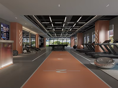 Modern Spacious Fitness Gym Interior With Treadmills Orange Track Lighting And Windows 3d model