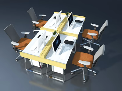 Modern Office Workstation With White Desk Yellow Frame And Orange Gray Chairs 3d model