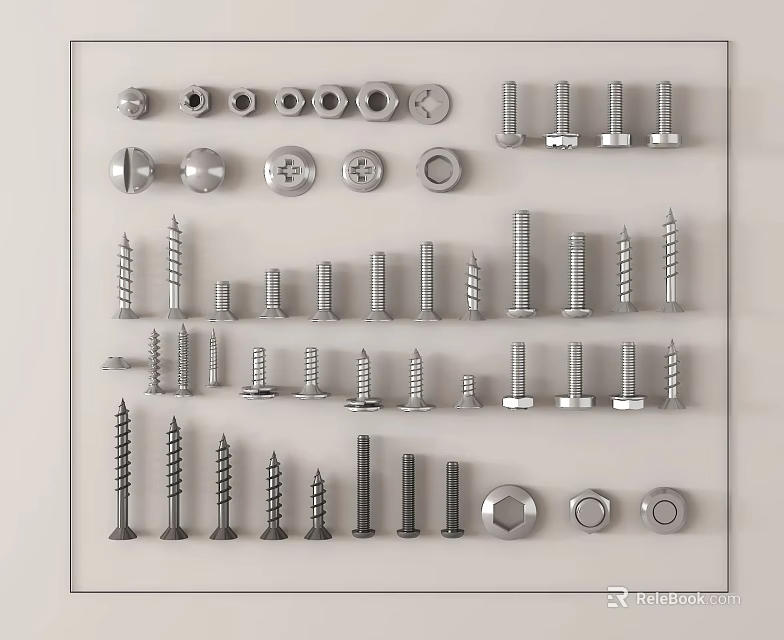 Various Metal Screws Nuts And Bolts Display On White Background 3d model 